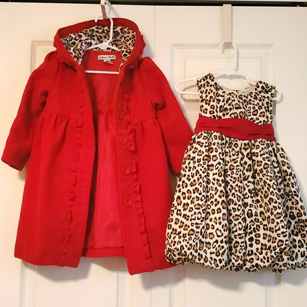 Stylish Red hood coat and Leopard dress Kids Formal Dress Set